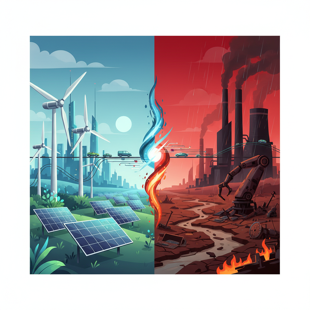 Split scene showing technology as both solution and problem - renewable energy on one side, environmental destruction on other, conceptual illustration, balanced composition, no text