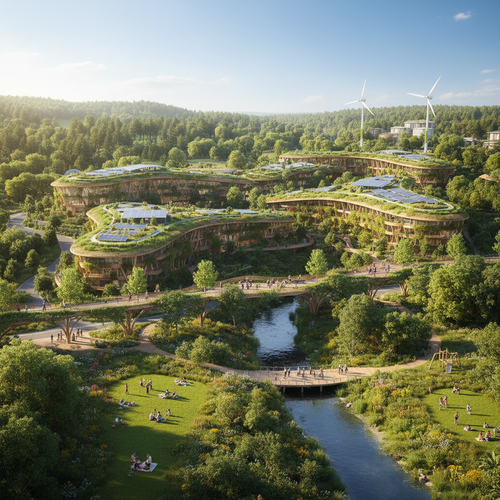 Harmonious integration of sustainable technology with natural environment, green cities with renewable energy, people and nature coexisting, optimistic realistic style, bright natural lighting, no text