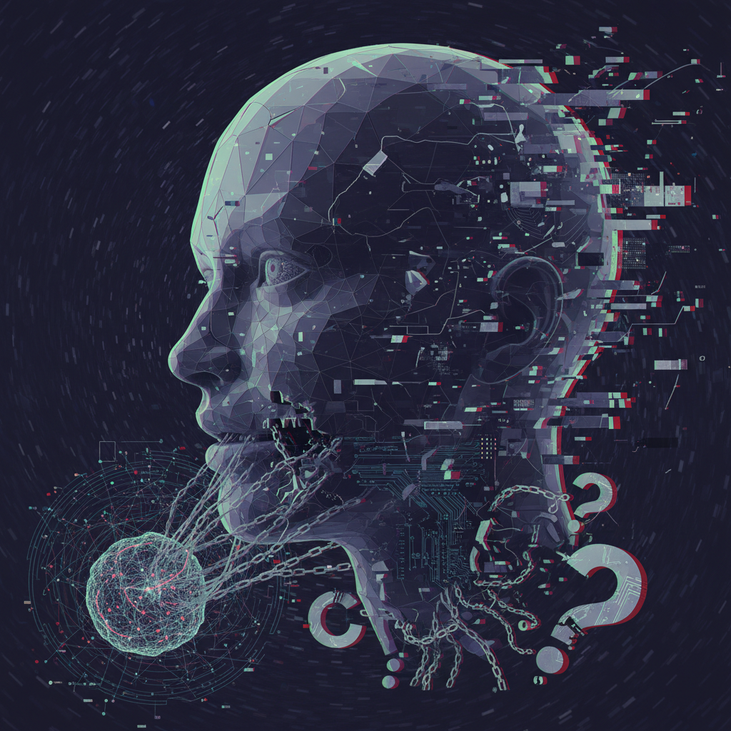 An alarming clean infographic showing a person's face being digitally manipulated by AI, with overlapping layers or distortions. Highlight the concept of 'AI deepfake' and 'misinformation' visually. Use a dark, serious color palette. No text.