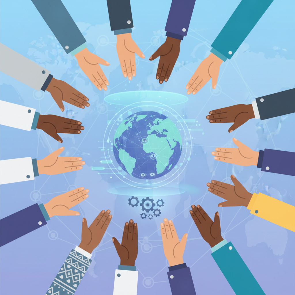 An illustration showing multiple diverse hands reaching towards a central holographic image of a globe or a complex digital network, symbolizing global cooperation and regulation efforts against deepfakes. Highlight diverse stakeholders and collaborative solutions. Style: clean infographic, optimistic but serious. No text.