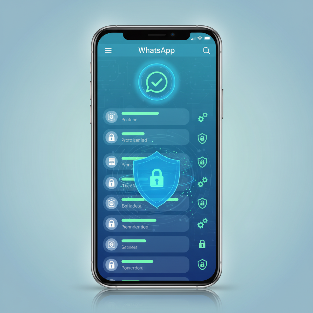 A modern smartphone displaying WhatsApp interface with security shield icons and protection symbols, clean digital illustration style with blue and green colors, professional lighting, no text