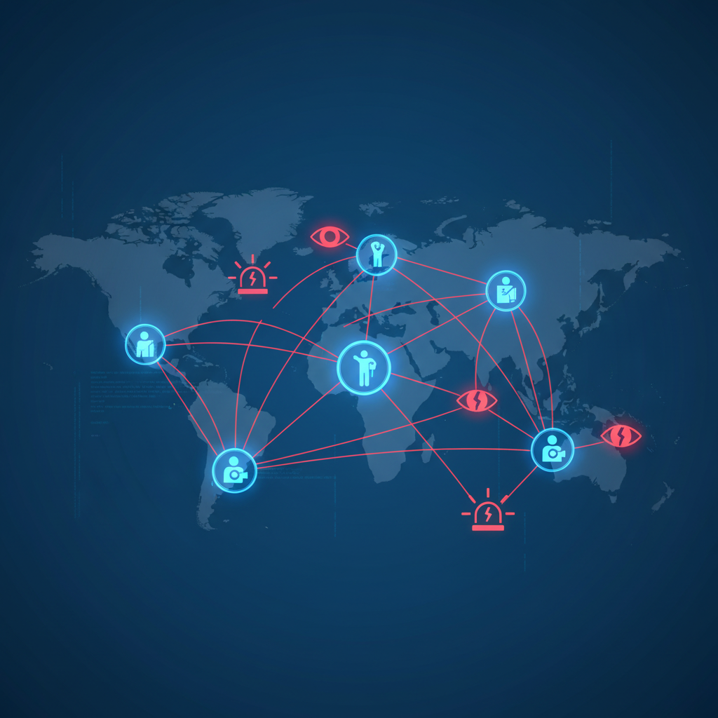 Infographic showing global surveillance network with interconnected nodes and warning symbols, representing cyber espionage targeting activists and journalists, dark blue background with red alert indicators, no text