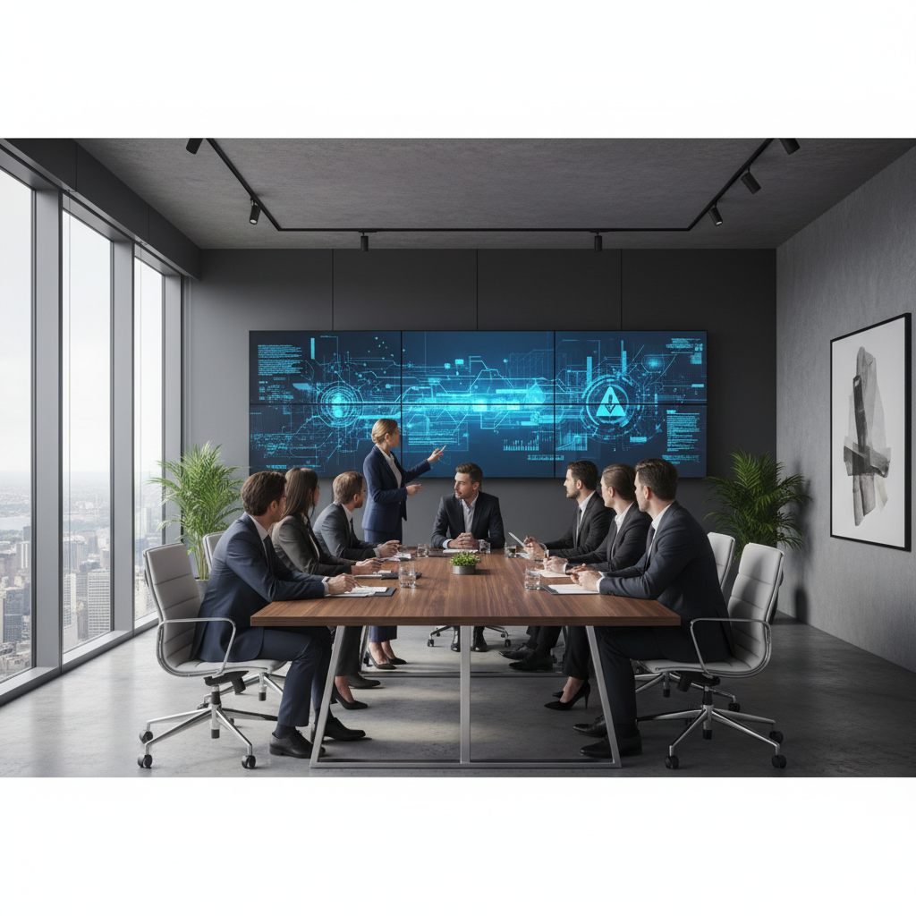 Corporate boardroom meeting with executives discussing cybersecurity measures, modern office setting with large screens showing security protocols, professional atmosphere with natural lighting, no text