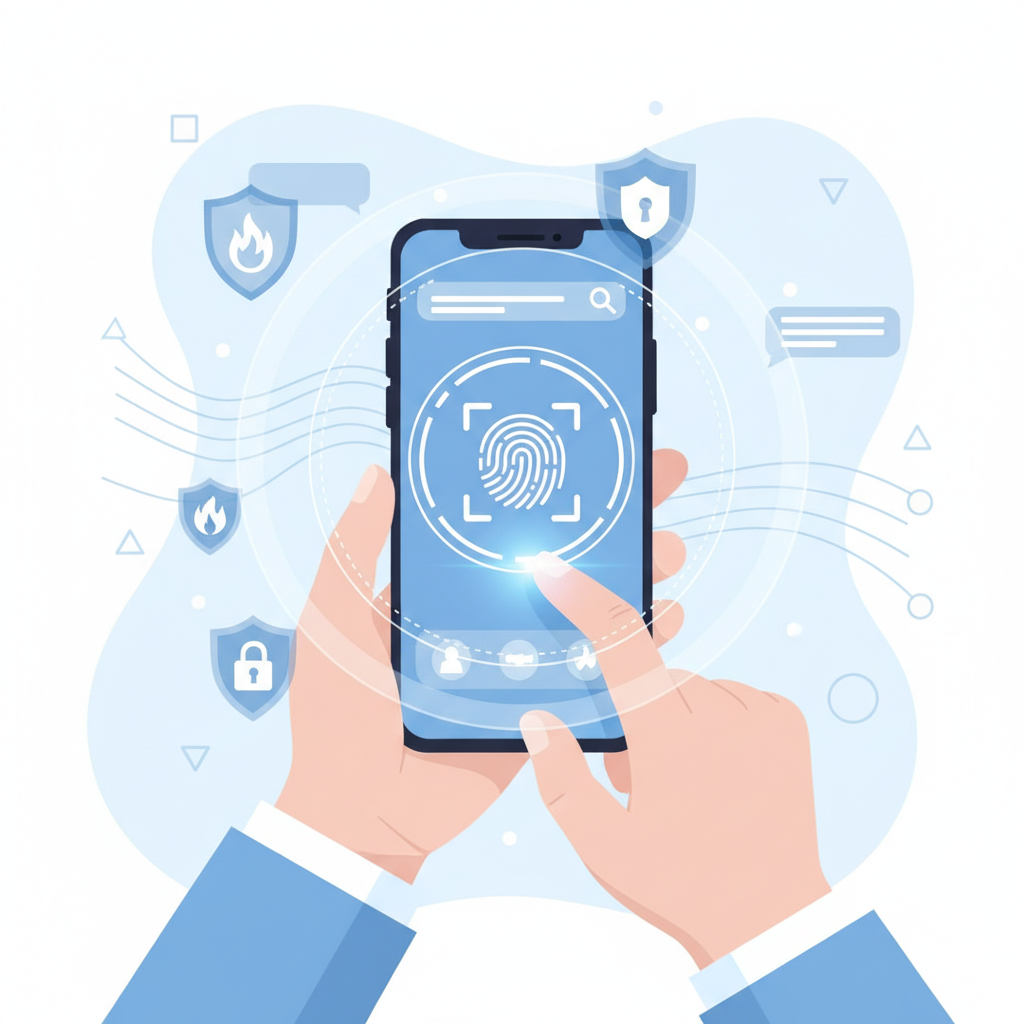 Person using smartphone with visible security features and protection shields, clean modern style illustration showing safe mobile usage habits, bright lighting with blue and white color scheme, no text