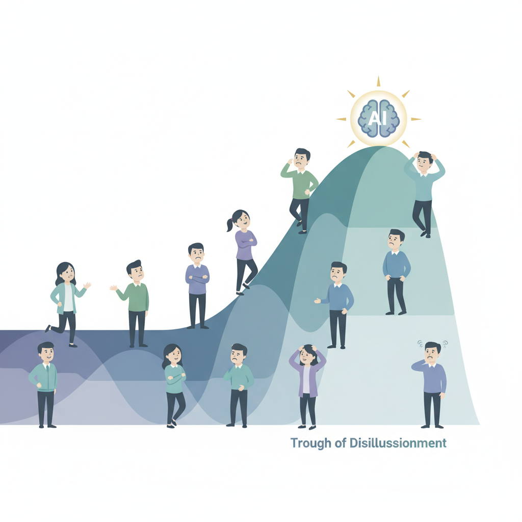 An infographic showing a "hype cycle" with AI at its peak, and then a dip into "trough of disillusionment." Korean people looking with mixed feelings, some hopeful, some skeptical. Clean infographic style, no text.
