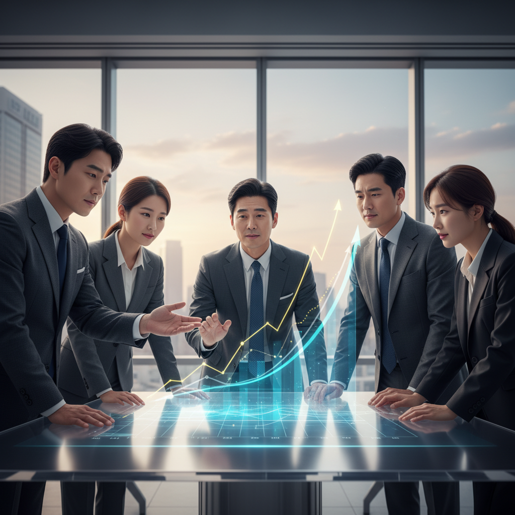 A group of Korean investors in a modern office looking at a glowing holographic chart, representing future projections and potential returns, with a subtle undertone of speculative belief rather than concrete product success. Lifestyle photography, no text.