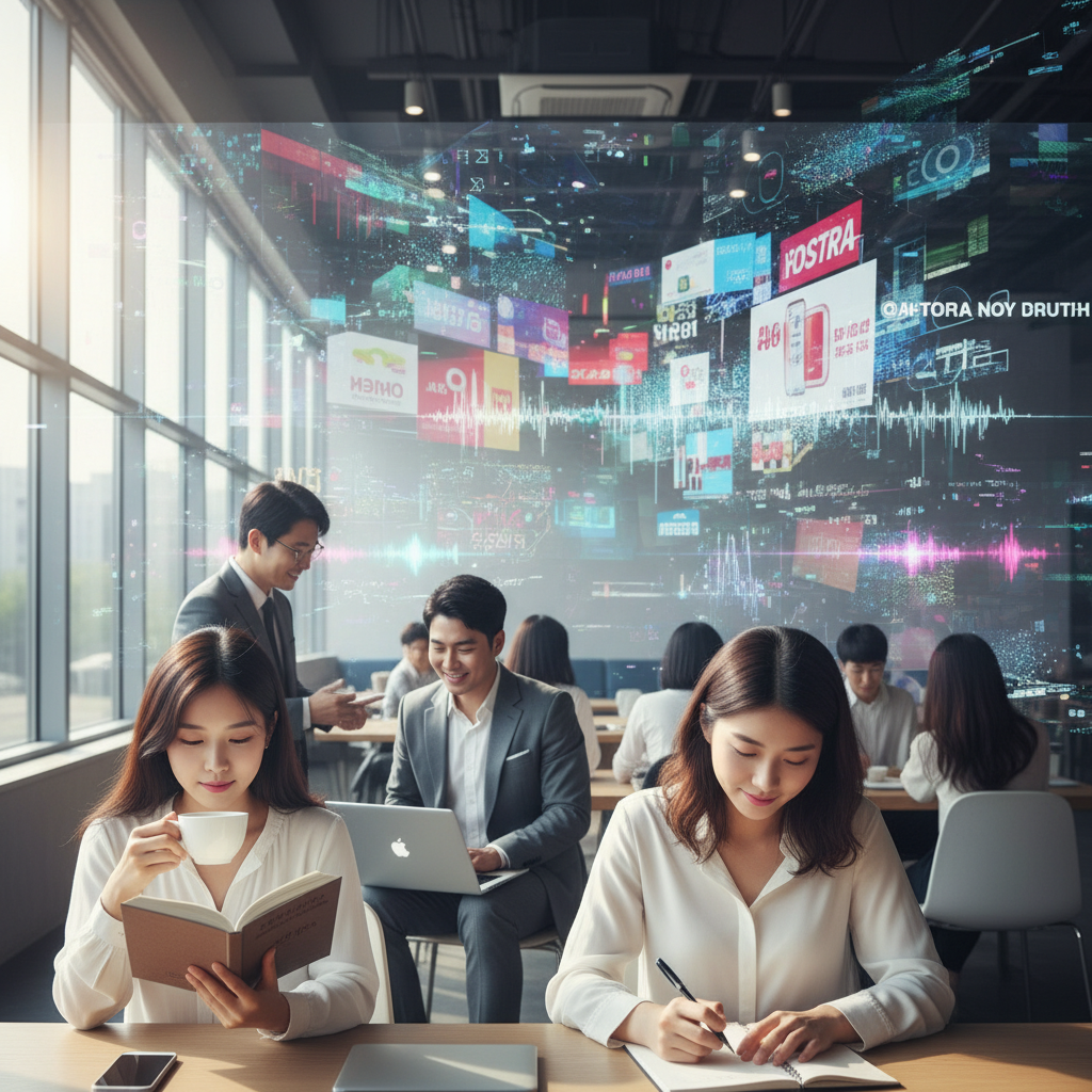 A diverse group of Korean individuals calmly focusing on their own tasks or conversations, while in the background, abstract, chaotic digital visuals and loud advertisements are ignored by them. The scene emphasizes serenity amidst noise. Lifestyle photography, natural lighting, no text.