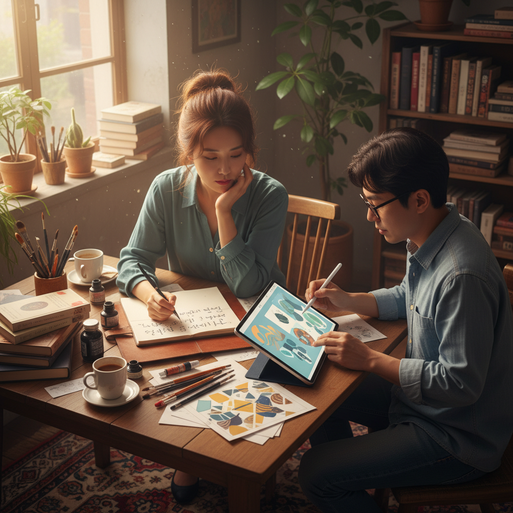 A Korean writer sketching ideas in a notebook while a designer works on a digital canvas. Both are immersed in creative thought, surrounded by books and art supplies, highlighting human ingenuity and emotional depth in their work. Lifestyle photography, warm natural lighting, no text.