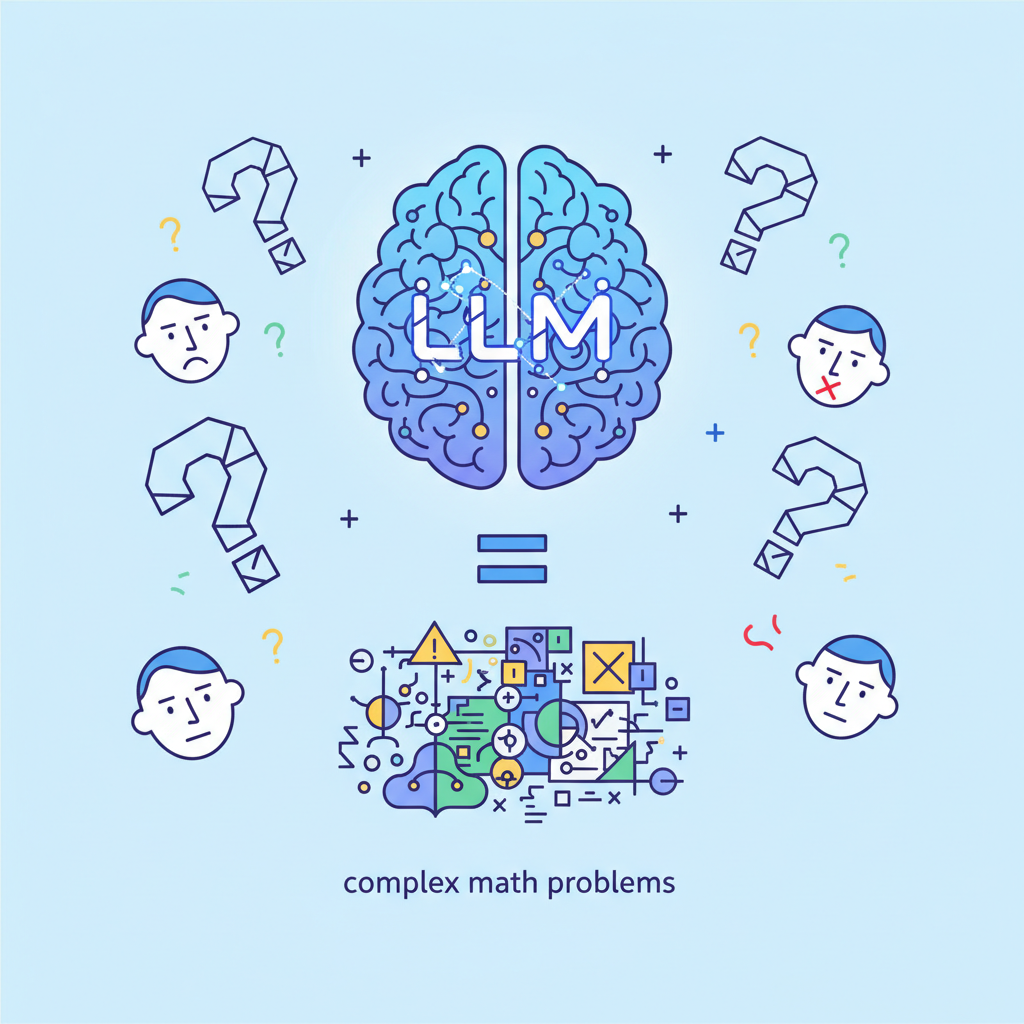An infographic showing a large language model (represented by a brain icon) claiming to solve complex math problems, with question marks and critical faces around it. Style: clean infographic. No text.