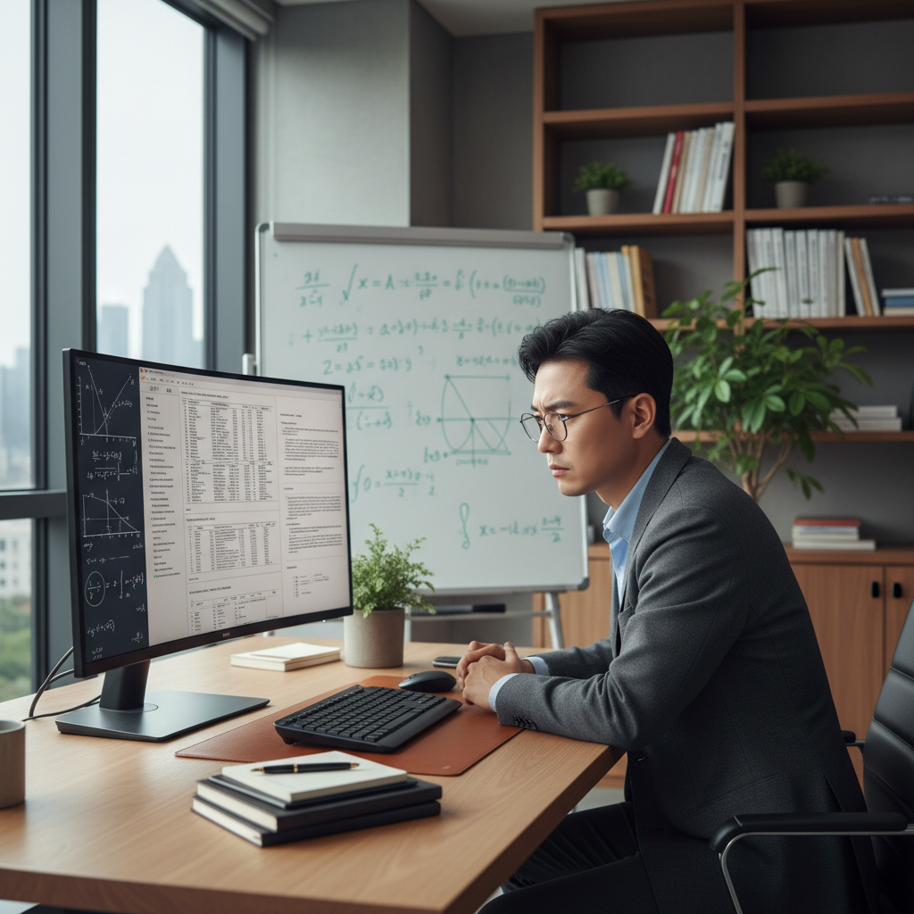 A Korean mathematician in a modern office, looking intently at a computer screen displaying mathematical equations and research papers, with a slightly skeptical or analytical expression. The desk is tidy, suggesting a focused research environment. Style: realistic photography. No text.