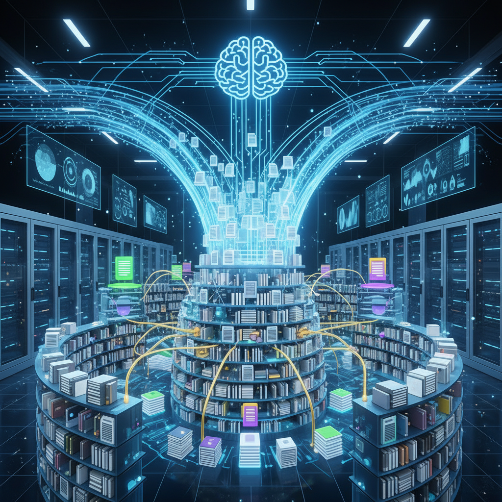 A highly detailed, clean infographic representing an artificial intelligence system quickly sifting through a massive digital library of academic papers and research documents, highlighting connections between complex topics. The background is a sleek, futuristic data center. Style: clean infographic. No text.