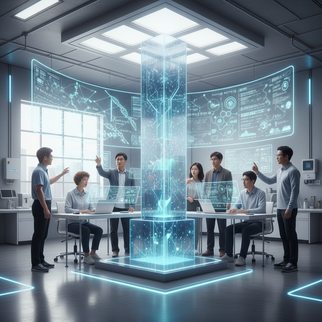 A diverse group of Korean scientists and engineers collaborating with an advanced, non-humanoid AI interface in a bright, modern research lab. They are analyzing complex data on transparent screens, showing a harmonious blend of human creativity and AI efficiency. Style: clean, futuristic photography. No text.
