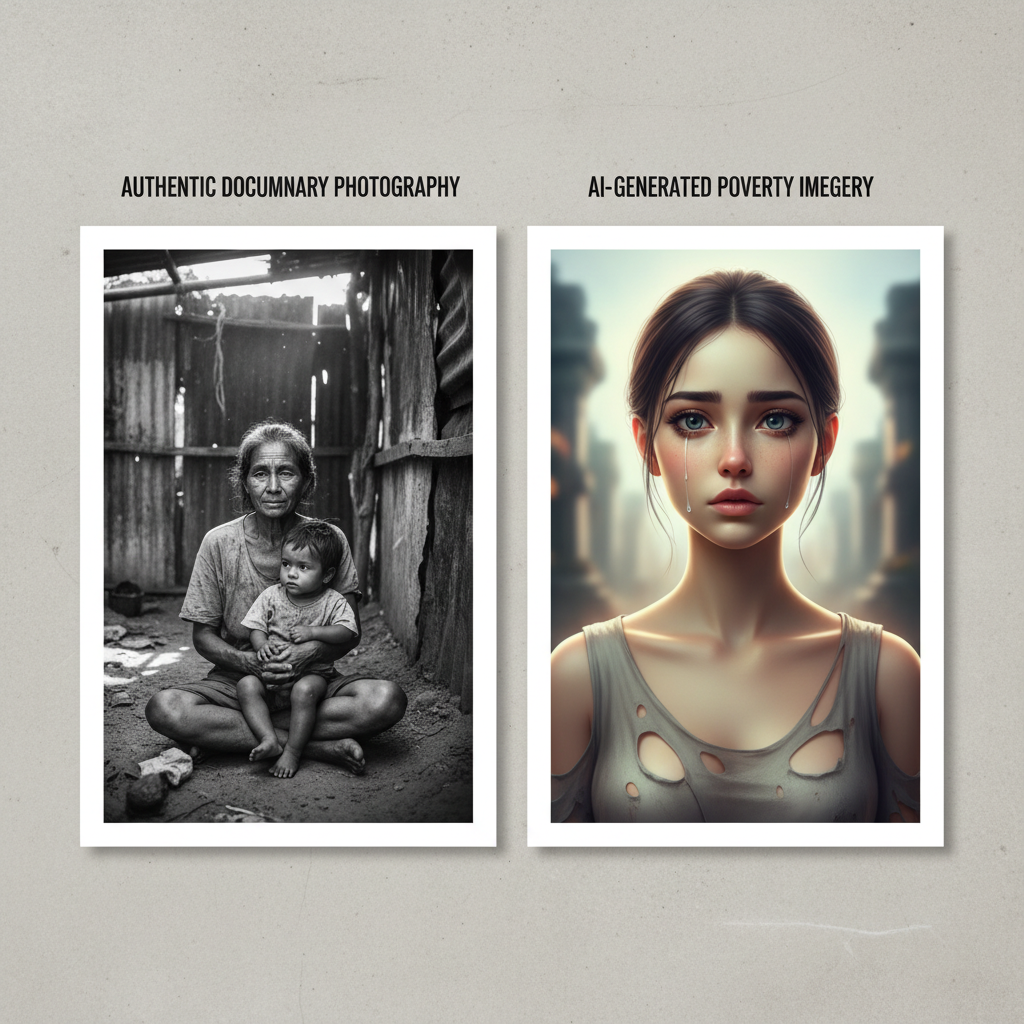 A split-screen comparison showing real documentary photography on one side and AI-generated poverty imagery on the other, highlighting the contrast between authentic storytelling and artificial representation. Clean infographic style with natural lighting, no text.
