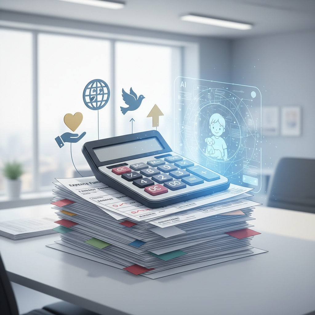 A conceptual illustration showing NGO budget constraints with calculator, financial documents, and charity symbols. Clean office environment with natural lighting, representing the financial pressures driving AI image adoption, no text.