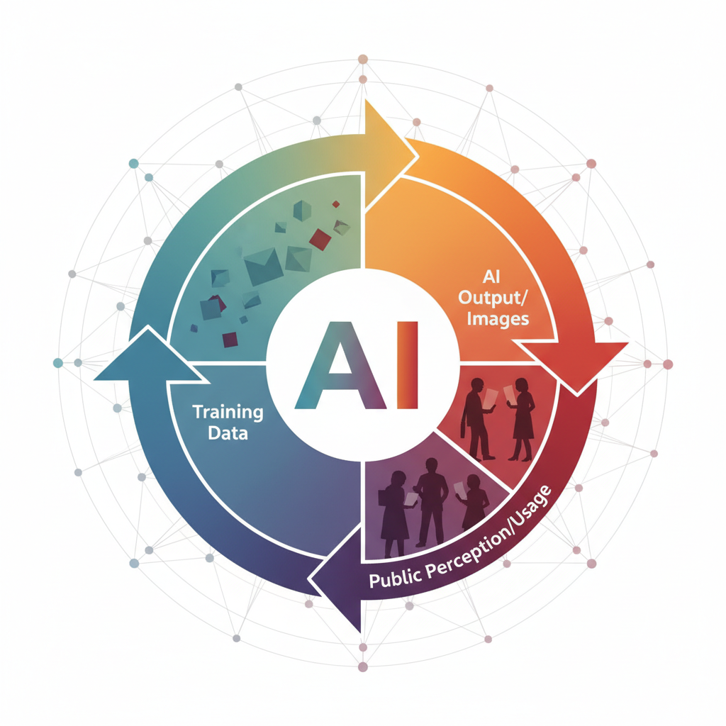 A circular diagram illustration showing how biased AI images feed back into training data, creating a cycle of amplified prejudice. Modern infographic style with arrows and data flow visualization, no text.