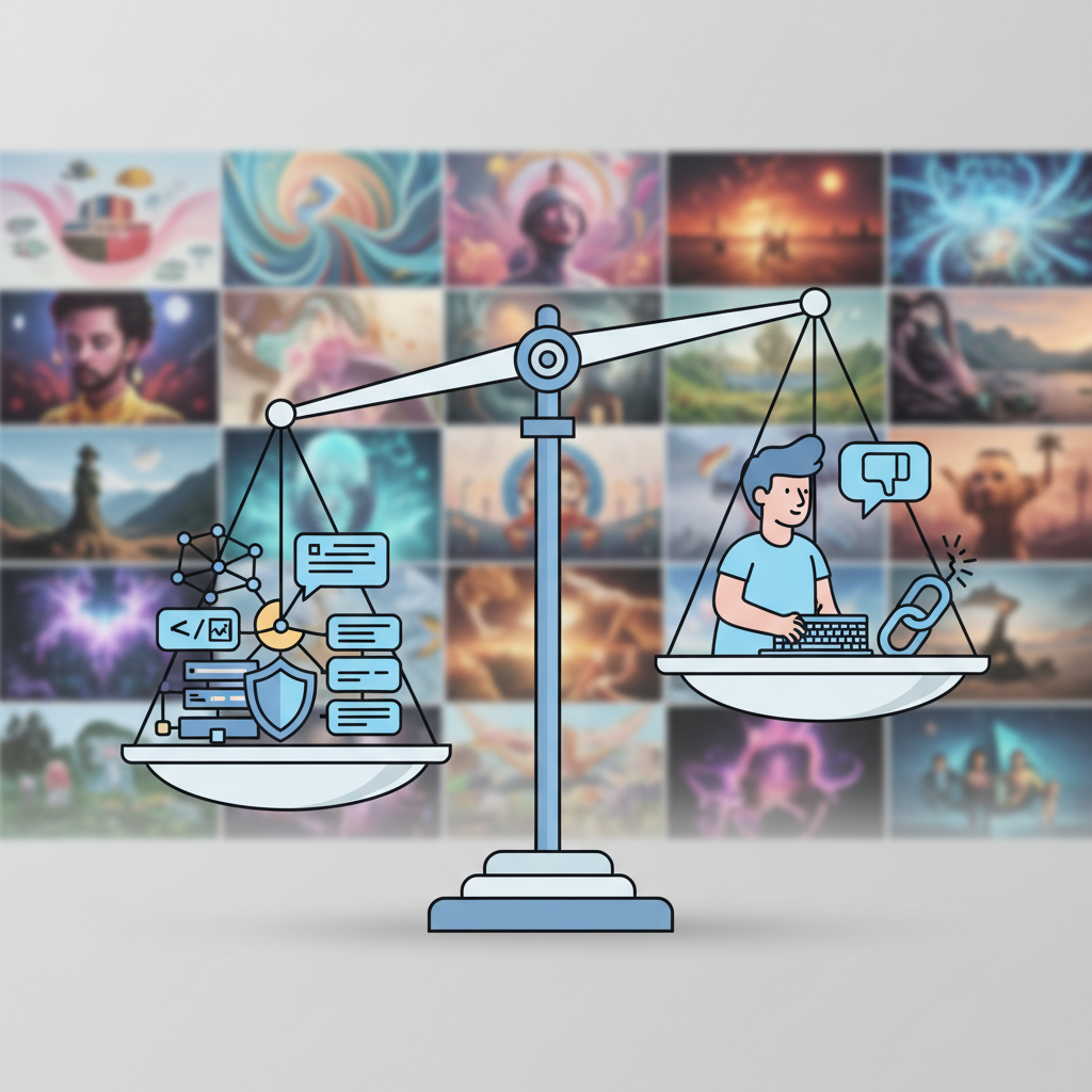 A balanced scale illustration showing platform responsibility on one side and user accountability on the other, with AI-generated images in the background. Professional infographic style with natural lighting, no text.
