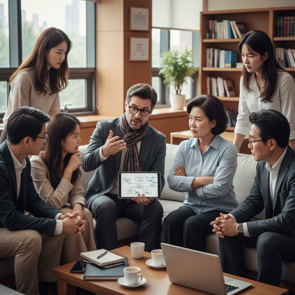A diverse group of Korean university professors (some young, some older) in a university lounge, engaging in a lively discussion. One professor is enthusiastically gesturing towards a tablet displaying AI concepts, while another looks skeptical, crossing their arms. Others are listening intently, showing a mix of curiosity and concern. Lifestyle photography, natural lighting. No text.