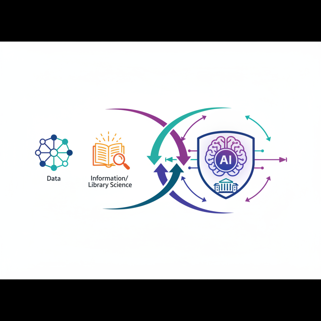 An infographic illustrating the merger of two distinct academic departments (represented by abstract icons for data and information/library science) into a single, central new school with a prominent AI icon at its core. Show arrows indicating integration and synergy. Clean, modern infographic style with vibrant colors. No text.