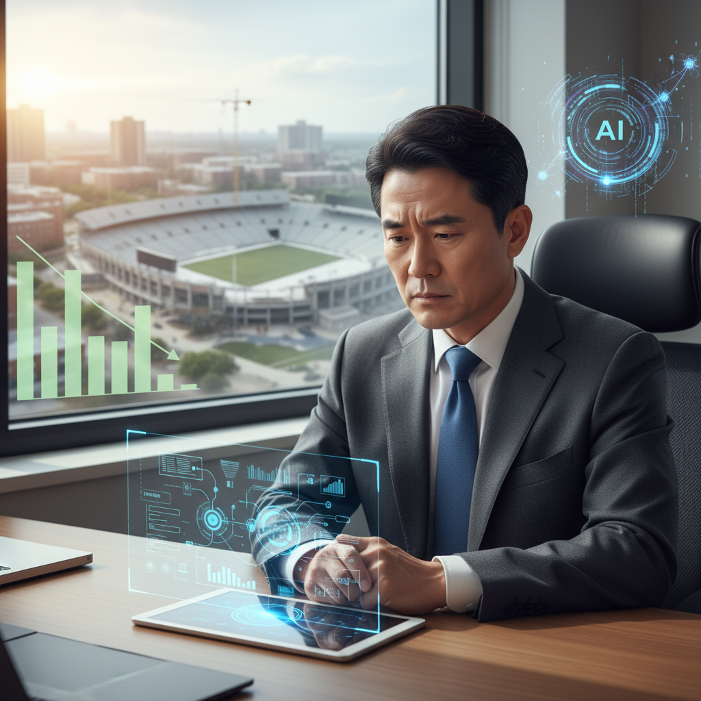 A resolute Korean male university chancellor (resembling Lee Roberts) in a modern office, looking determined. In the background, subtle, overlapping visual elements represent various challenges: a financial chart showing a slight dip, a blurred image of a football stadium, and abstract AI symbols. The chancellor is focused on a futuristic diagram. Lifestyle photography, natural lighting. No text.