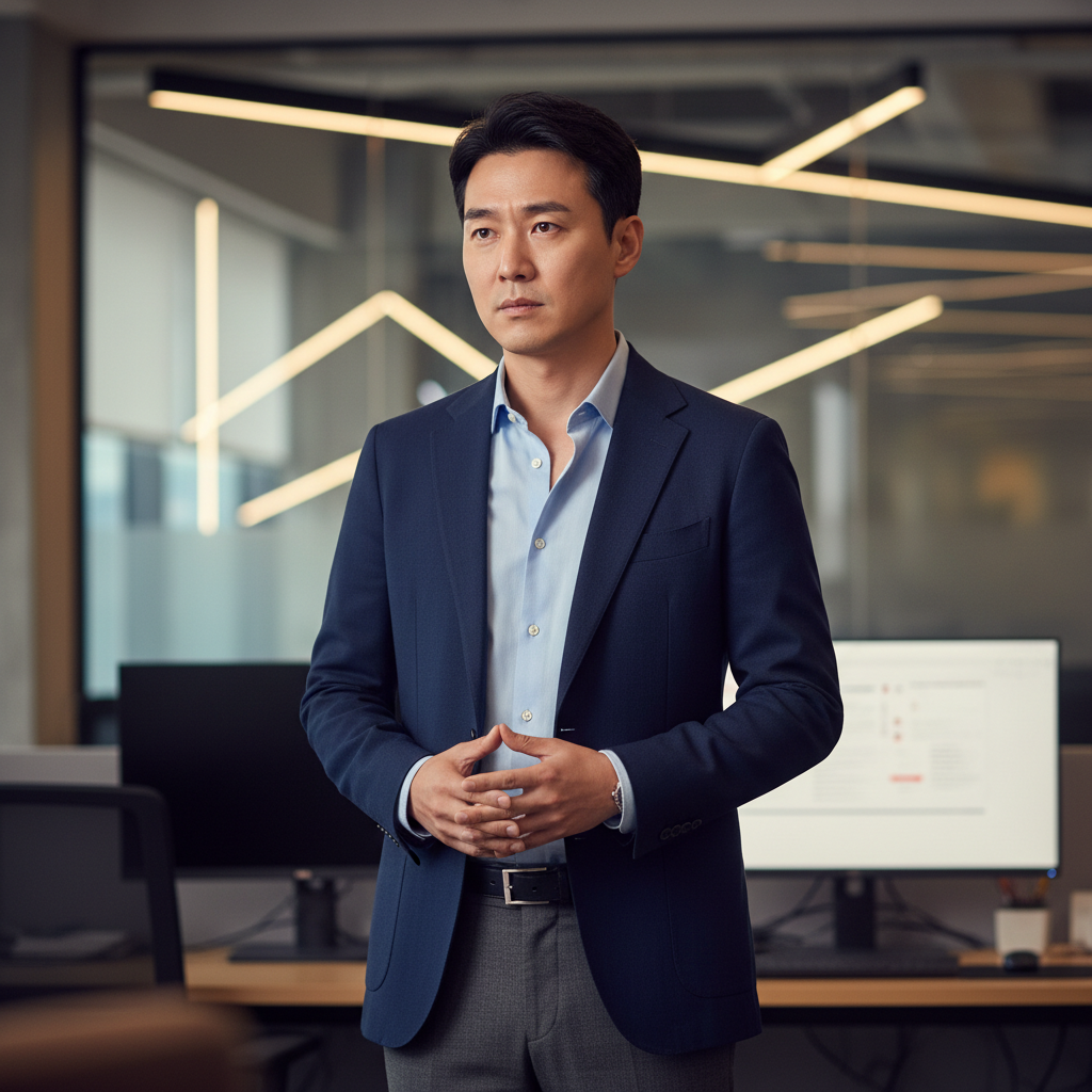 A professional looking Korean man, wearing a business casual outfit (e.g., smart blazer, open-collar shirt), standing confidently in front of a blurred modern tech office background. He has a thoughtful yet determined expression, symbolizing a founder's vision and past experience at a leading AI company. Lifestyle photography. No text.