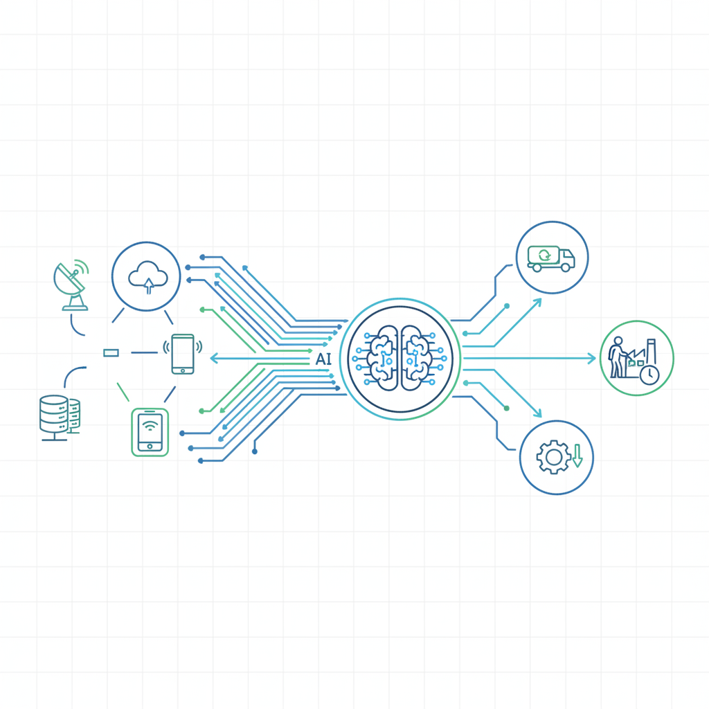An intricate infographic showing data flowing into a central AI system (represented by a stylized brain or circuit board icon), then branching out with arrows to control various elements in a complex logistical operation. On one side, icons representing data sources like sensors and existing software. On the other side, icons representing actions like "reroute fuel truck," "reassign cleaning crew," and "adjust operations." The overall design is clean, modern, and illustrates automated decision-making. Clean infographic style. No text.