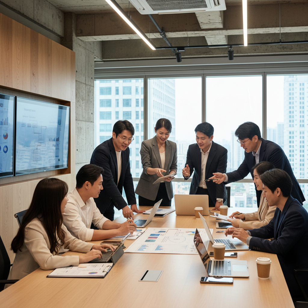 A diverse group of Korean professionals, including engineers, operations managers, and business leaders, collaborating energetically in a modern, well-lit office space. They are gathered around a table with laptops and strategizing, symbolizing investment, recruitment, and team growth. The atmosphere is dynamic and innovative. Lifestyle photography. No text.