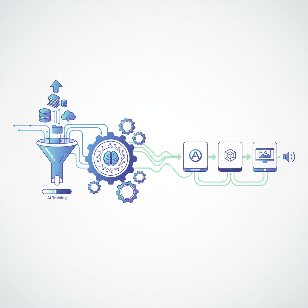 A stylized infographic showing the process of building custom generative AI models for enterprises. Illustrate data input, AI training, and custom output with a clean, modern design. Use elements like gears, data flow, and brand logos. No text.