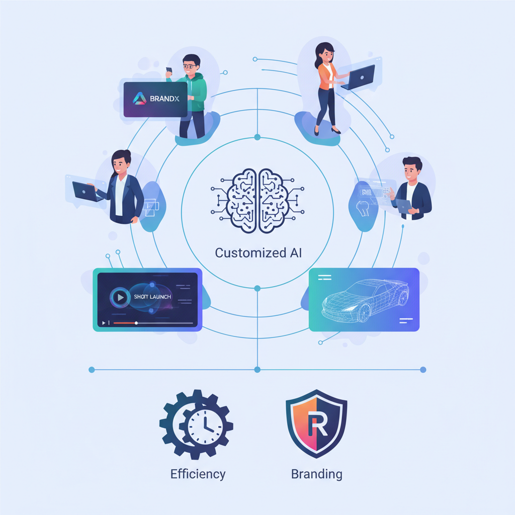 An infographic illustrating how customized AI models benefit enterprises. Show a diverse group of professionals collaborating with AI, generating various creative assets like ads, videos, and 3D models. Emphasize branding and efficiency. No text.