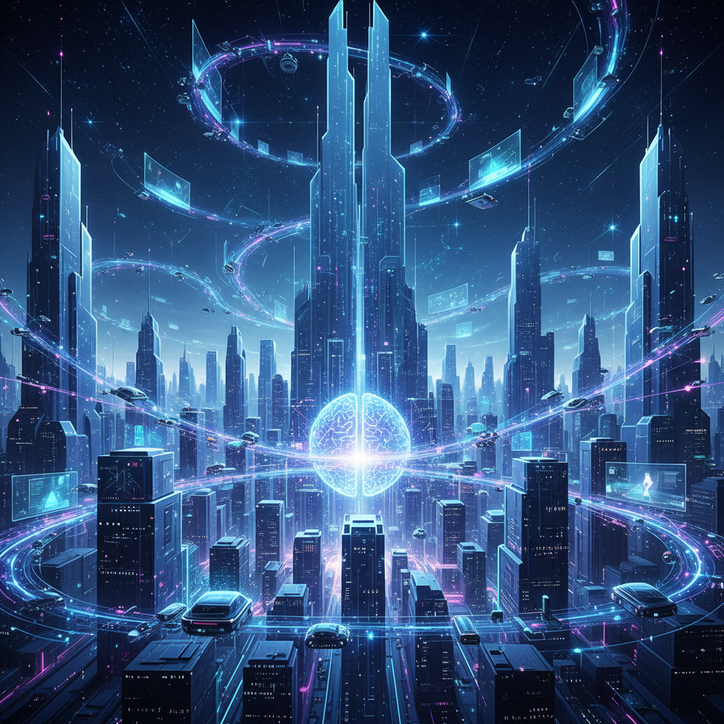 A futuristic illustration depicting the evolution of AI technology. Show a city skyline with glowing data streams and connected devices, symbolizing innovation and future possibilities. Clean, digital art style. No text.