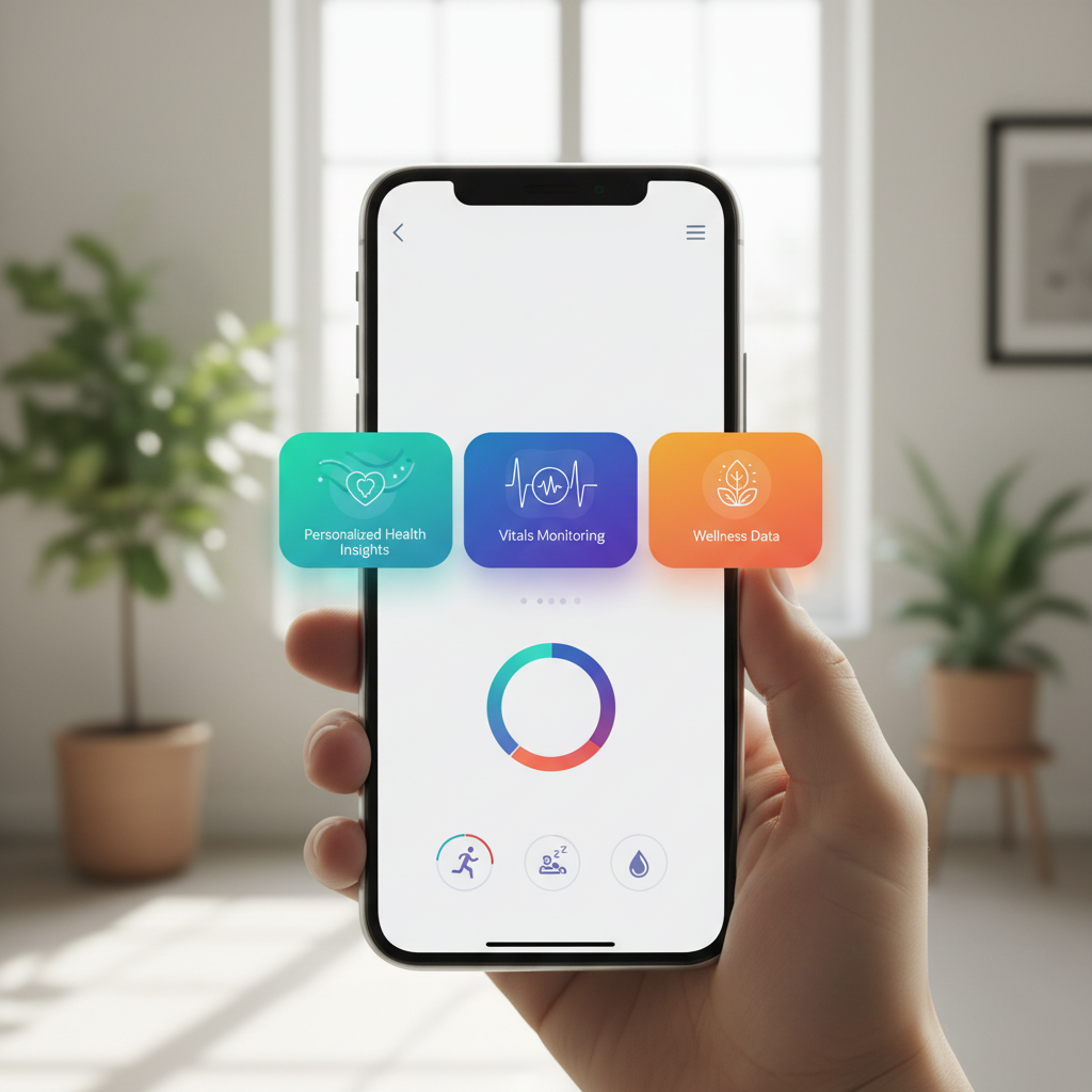 Modern smartphone displaying a sleek health app interface with three main tabs, showing personalized health insights, vitals monitoring, and wellness data. Clean UI design with vibrant health-related graphics, natural lighting, lifestyle photography style. No text.