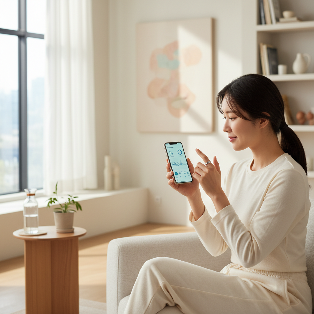 Korean woman checking health data on smartphone while wearing a smart ring, sitting in modern bright room, lifestyle photography with natural morning light, wellness and technology concept. No text.
