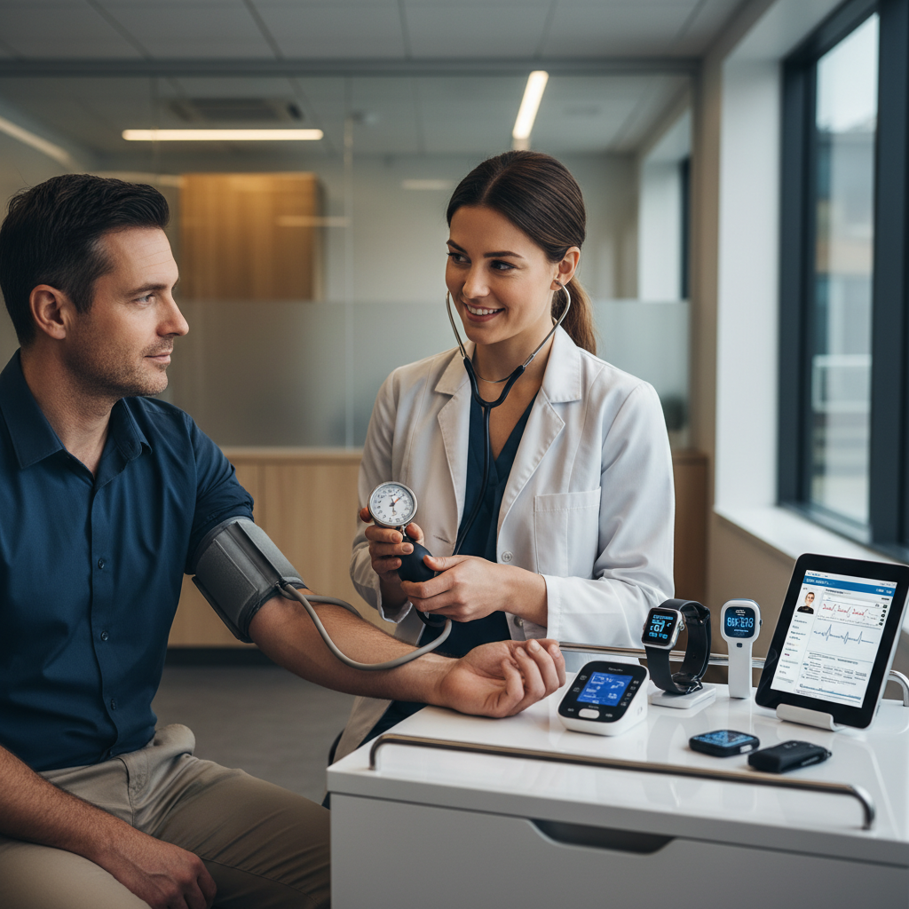 Healthcare professional measuring blood pressure with traditional cuff alongside modern smart health devices, clinical setting with soft lighting, medical technology integration concept. No text.