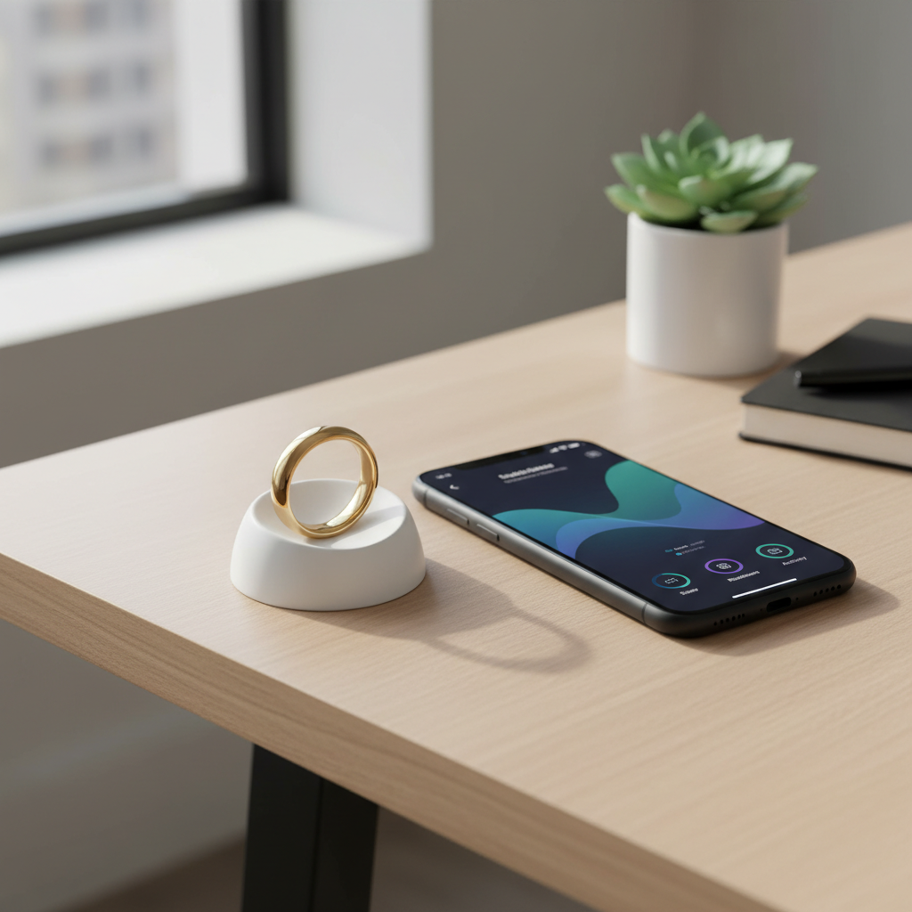 Elegant Oura smart ring placed next to smartphone showing health app interface on modern minimalist desk, soft natural lighting, premium lifestyle photography, wellness technology aesthetic. No text.