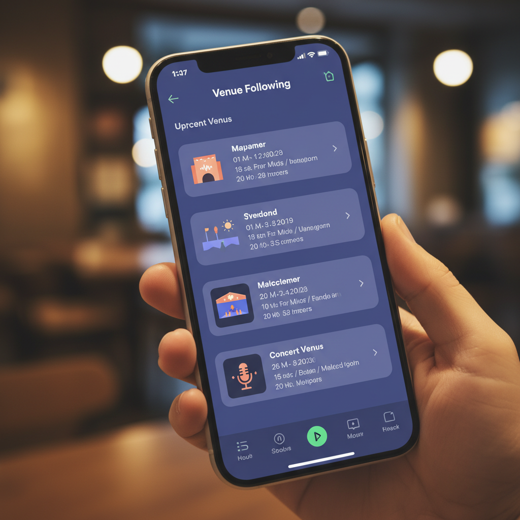 A smartphone screen showing Spotify app interface with venue following feature, clean modern UI design, music venue icons and concert listings visible, soft lighting, realistic mobile app photography style, no text