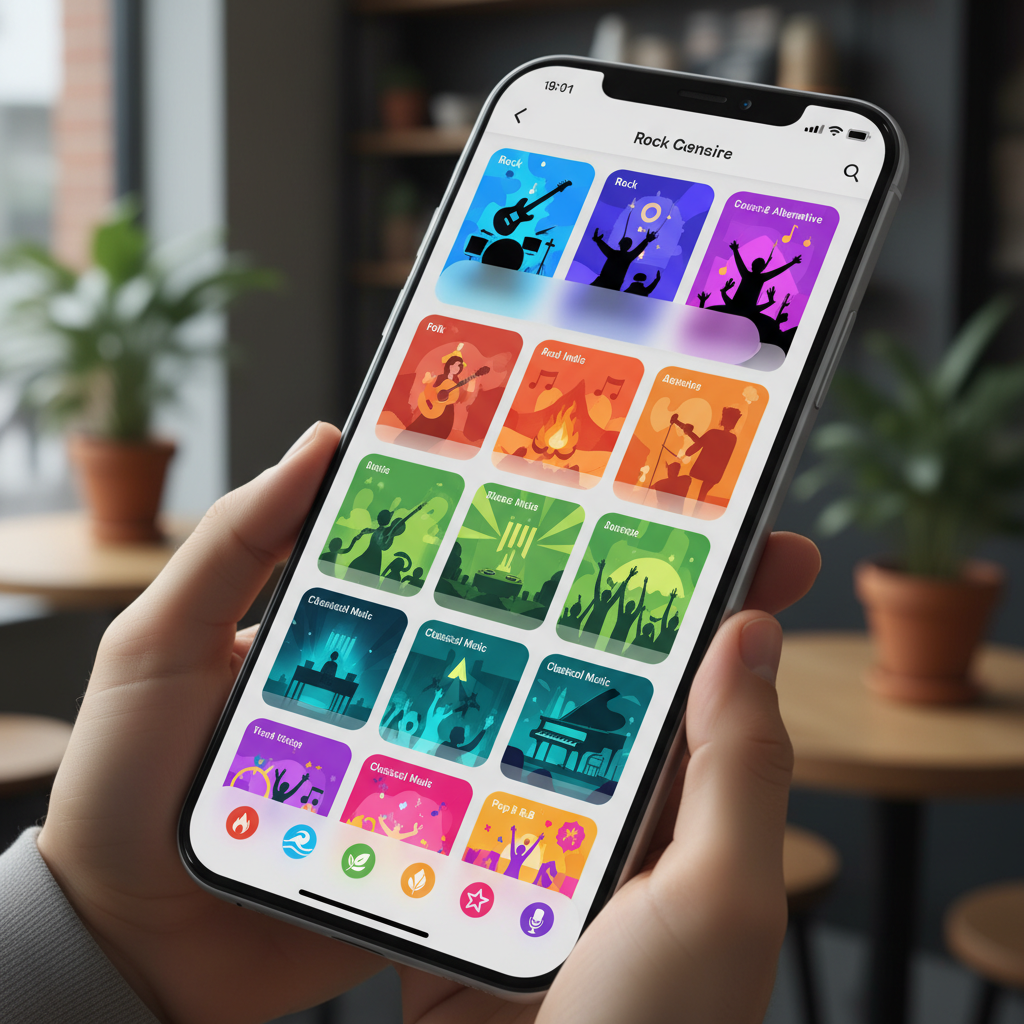 Mobile screen displaying various concert posters organized by music genres, colorful venue listings with different musical styles represented, modern app interface design, lifestyle photography, no text