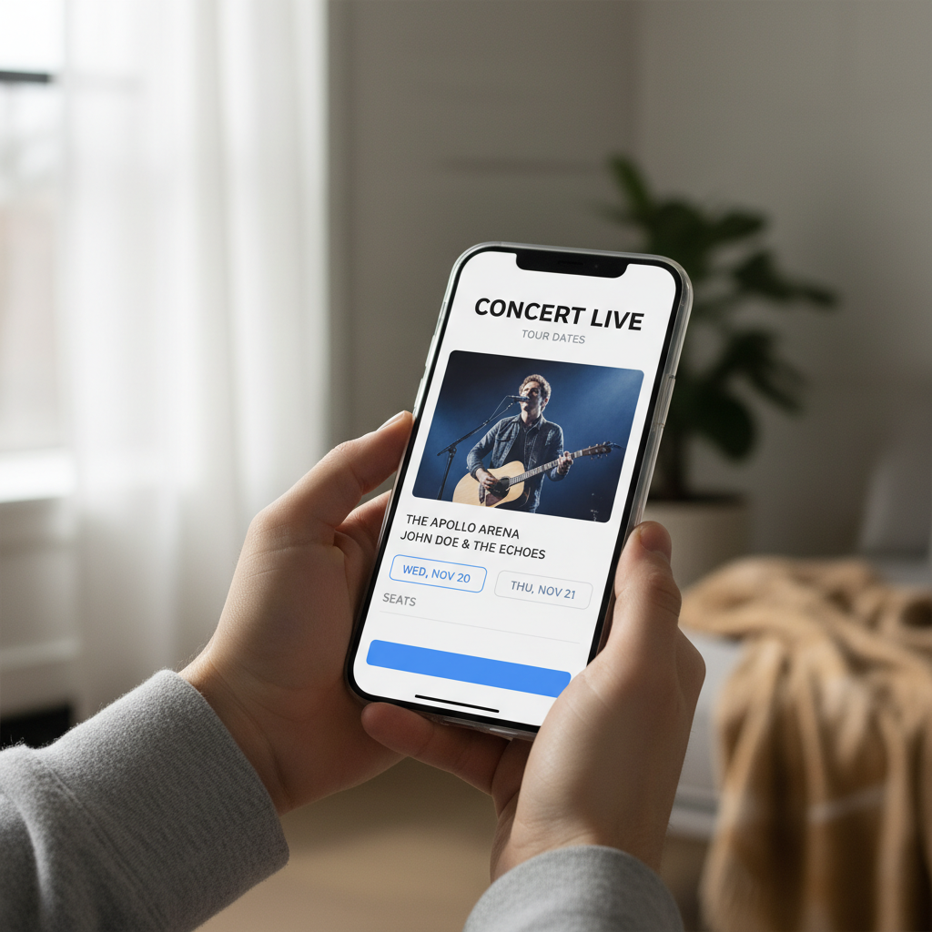 Hands holding smartphone showing concert ticket booking interface, clean ticketing app design, venue and artist information visible, natural lighting, lifestyle photography style, no text