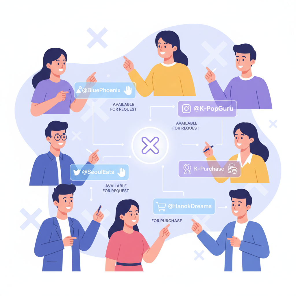 An infographic illustrating X's new inactive handle marketplace. Show a diverse group of Korean users interacting with screens displaying various X handles, some available for request, some for purchase. Use a clean, modern style with bright colors. No text in image.
