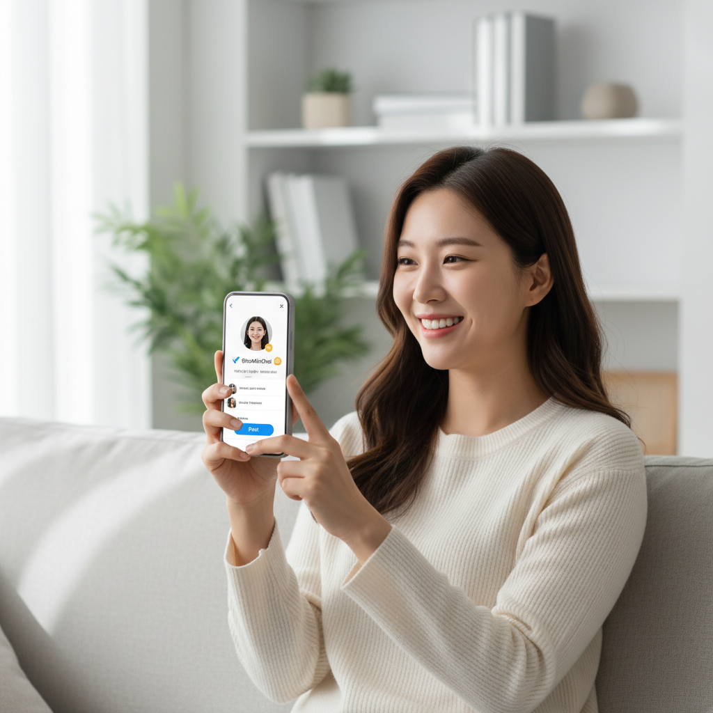 A lifestyle photography scene of a Korean user happily using their smartphone, displaying an X profile with a newly acquired 'priority handle' like @FirstNameLastName. Emphasize satisfaction and ease of use. Clean background, natural lighting. No text in image.