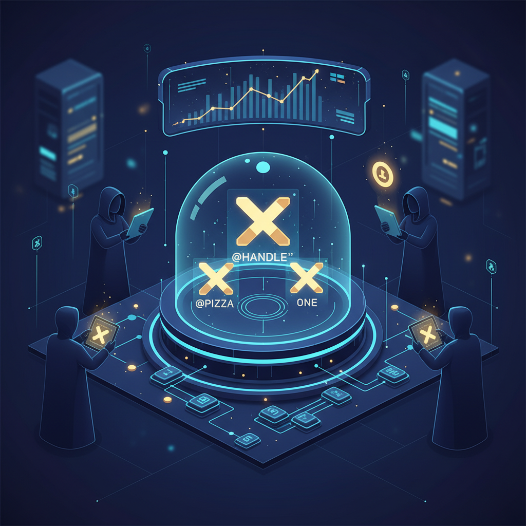 An illustration depicting the concept of 'rare X handles' being exchanged in a marketplace. Show a stylized auction or secure transaction process for short, highly desirable usernames like @Pizza or @One. Include elements of exclusivity and digital value. Infographic style. No text in image.