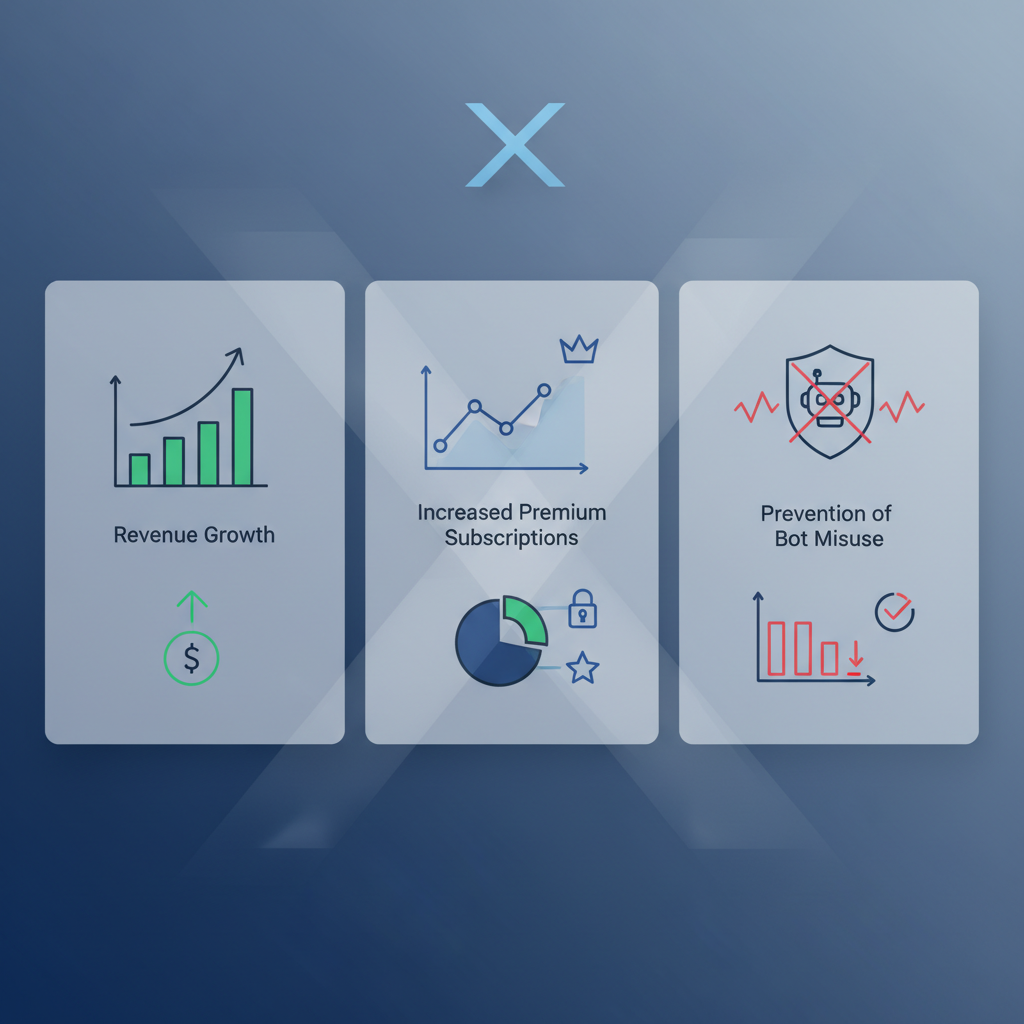 A modern infographic showing X's business strategy behind the handle marketplace. Illustrate revenue growth, increased premium subscriptions, and prevention of bot misuse, with graphs and icons. Represent X's logo subtly. Clean, professional style. No text in image.