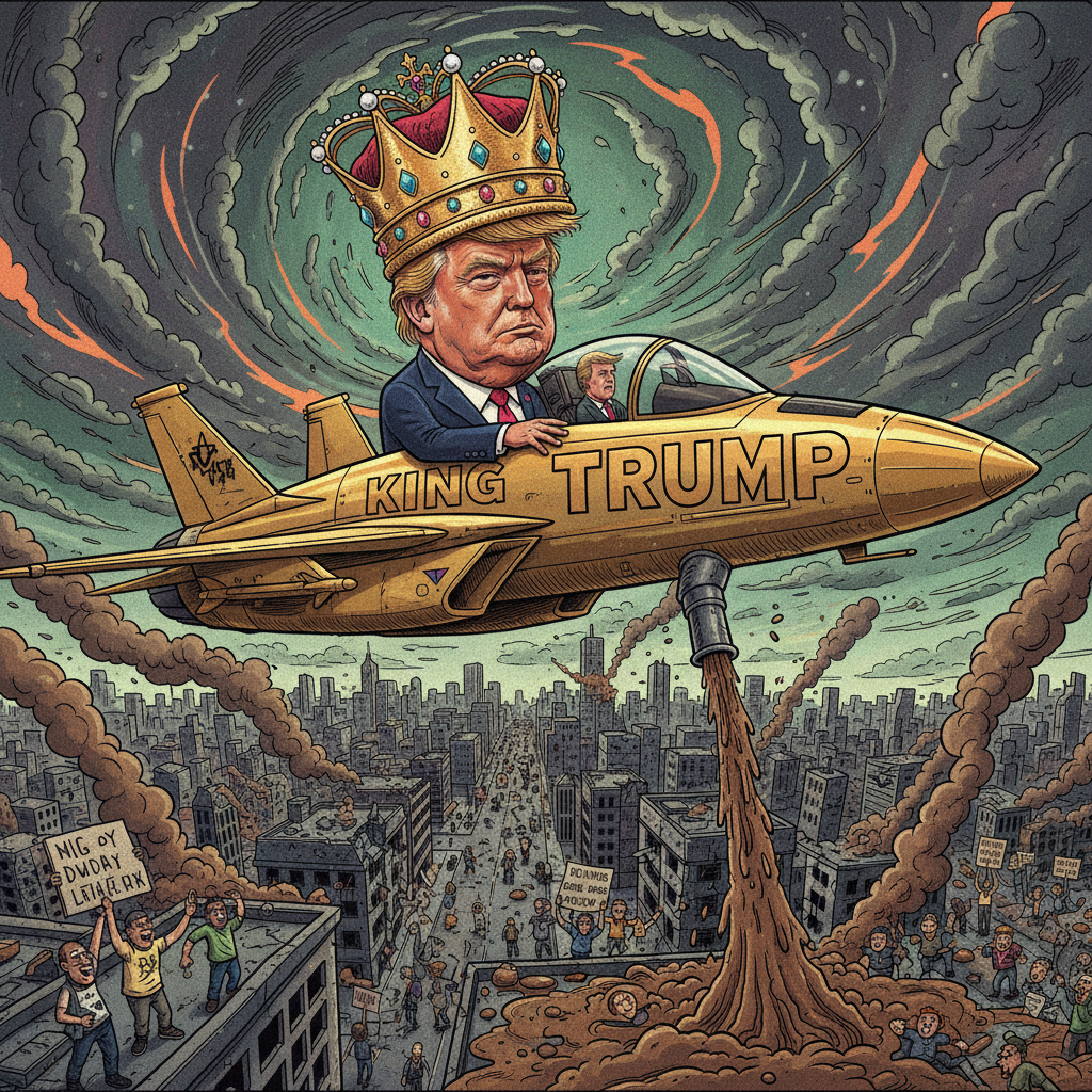 A surreal, AI-generated video still showing Donald Trump wearing a golden crown in a fighter jet labeled "King Trump," dumping brown sludge onto a city below where protesters are visible. The scene should be exaggerated and a bit chaotic, capturing the controversial nature. No text in image. Style: satirical illustration.