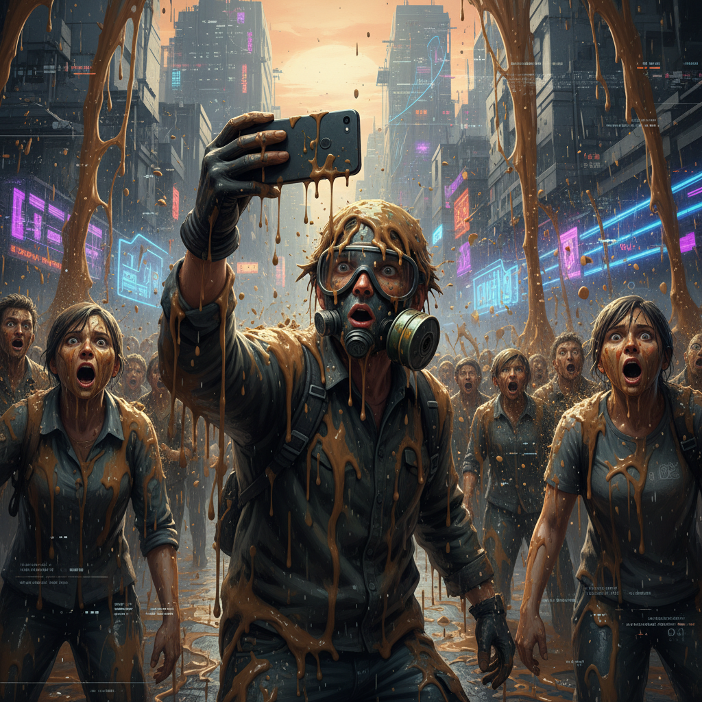 A hyper-realistic AI-generated scene of a protestor taking a selfie video, with a crowd around them visibly covered in a burst of brown, muddy liquid. The background shows a digitally altered cityscape, with a somewhat distorted, AI-like quality. Emphasize the liquid and the surprised, messy faces. No text in image. Style: dystopian digital art.