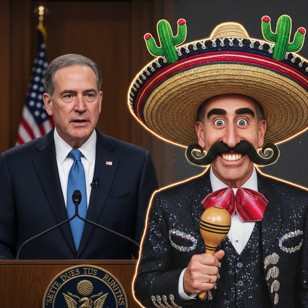 A split image or composite showing a famous US politician (e.g., Chuck Schumer) in a realistic, official setting on one side, and on the other side, a clearly deepfaked version of the same politician with exaggerated or fabricated features (e.g., fake mustache and sombrero for Hakeem Jeffries), yet still recognizable. The style should highlight the contrast between reality and artificiality, with elements of satire. No text in image. Style: digital collage emphasizing transformation.