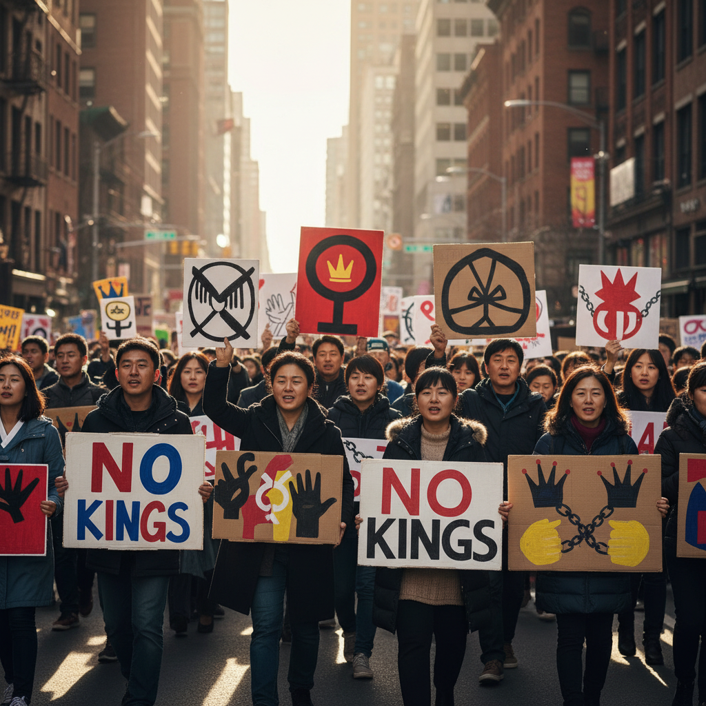 A vibrant and diverse group of "No Kings" protesters, predominantly Korean, holding creative and impactful signs related to democracy and anti-authoritarianism. The setting is a bustling city street, showing a peaceful yet determined demonstration. Emphasize the variety of people and their unique, handwritten signs, without legible text. Natural lighting and a sense of community. No text in image. Style: street photography.