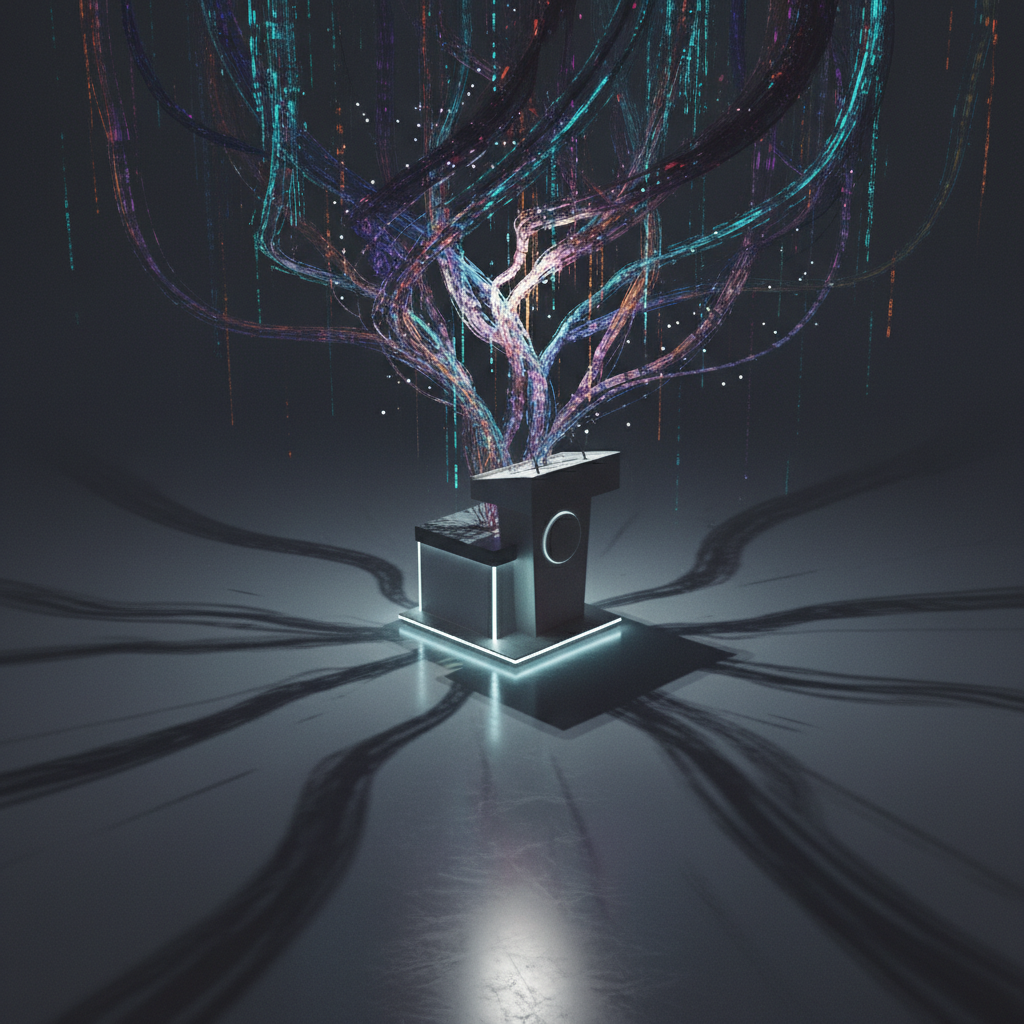 A stylized, somewhat unsettling image of AI influencing politics. Abstract digital elements like neural networks or flowing data converge on a ballot box or a politician's podium, casting long, distorted shadows. The atmosphere is muted and contemplative, suggesting both power and potential danger. Subtle futuristic glow. No text in image. Style: conceptual digital art with a slightly ominous tone.