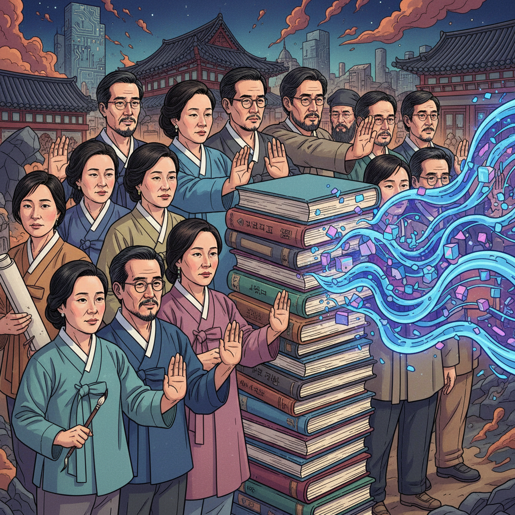 A group of diverse Korean authors, both male and female, standing together with determined expressions, symbolically protecting a stack of books from glowing, abstract digital data streams representing AI. The scene emphasizes solidarity and the fight for intellectual property. Illustration style, no text.