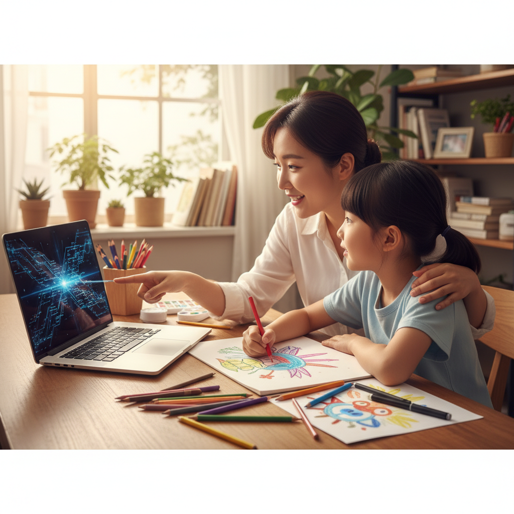 A Korean parent and child, sitting at a table with a laptop and some art supplies, having an engaging conversation. The child is drawing or writing, and the parent is gently guiding them, symbolizing the balance between AI tools and human creativity. Soft, natural lighting. Lifestyle photography, no text in image.