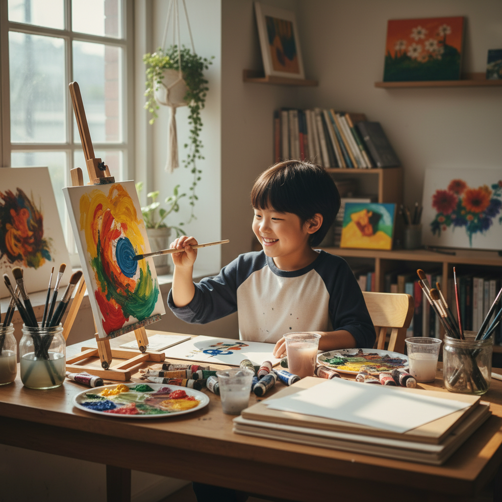 A Korean child, around 8-10 years old, sitting at a table with a variety of art supplies like paints, brushes, and paper. They are deeply focused and happily engaged in painting a colorful abstract picture, showing the joy of the creative process. Soft natural light, lifestyle photography, no text in image.