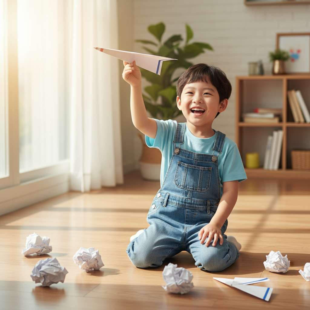 A Korean child proudly holding up a beautifully crafted paper airplane. Around them on the floor are several crumpled, failed attempts, symbolizing the process of trial and error and the joy of eventual success. The child is smiling, in a bright, natural setting. Lifestyle photography, no text in image.