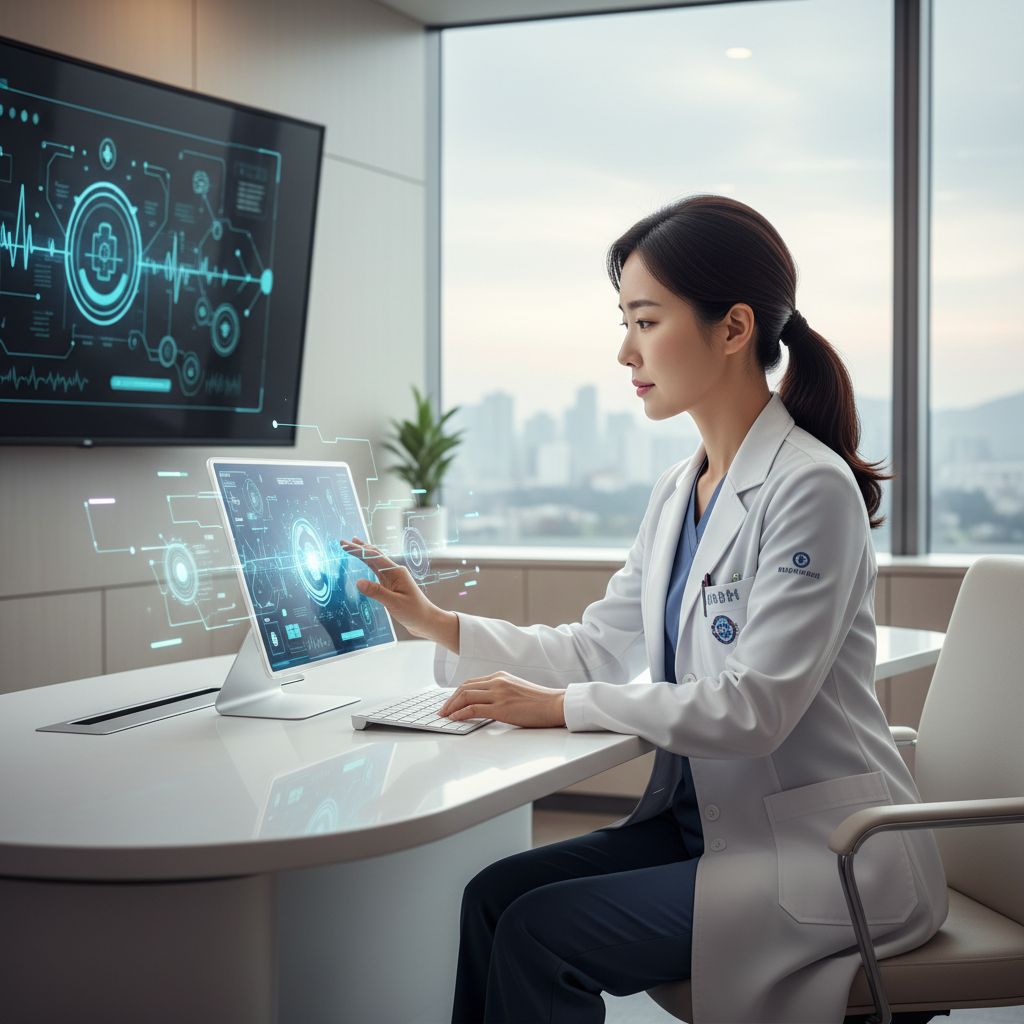 A professional lifestyle photography scene of a Korean doctor in a modern hospital setting, using a tablet or computer with an AI interface. The doctor looks focused and assisted by technology. The atmosphere is calm and efficient. No text.